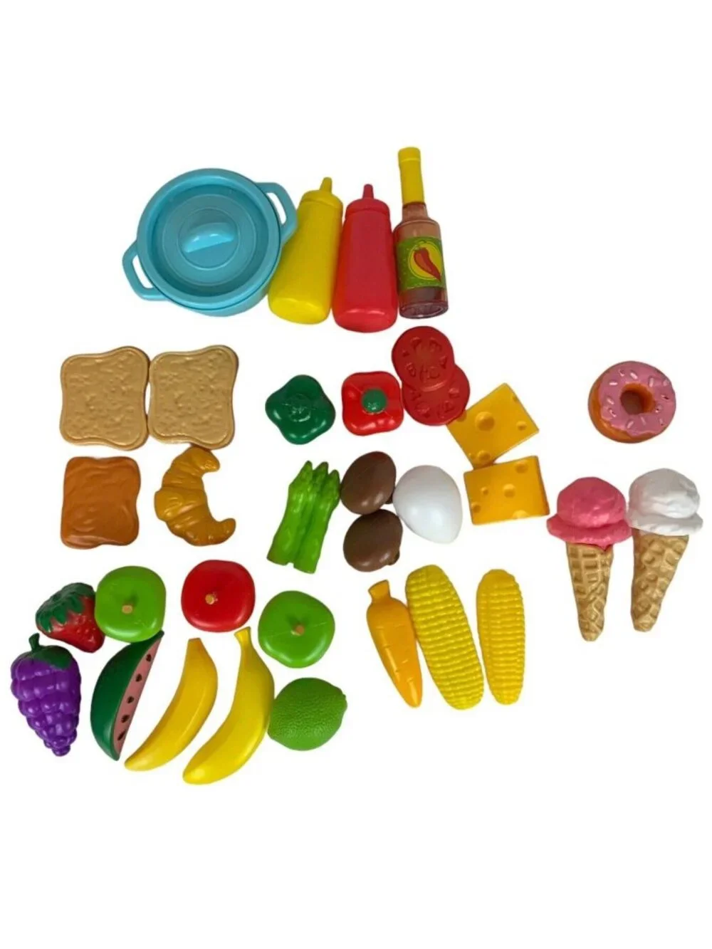 Plastic Play Food Set 35 Pieces Fruits Vegetables Cheese Bread Desserts Kitchen